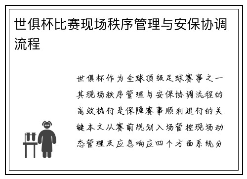 世俱杯比赛现场秩序管理与安保协调流程